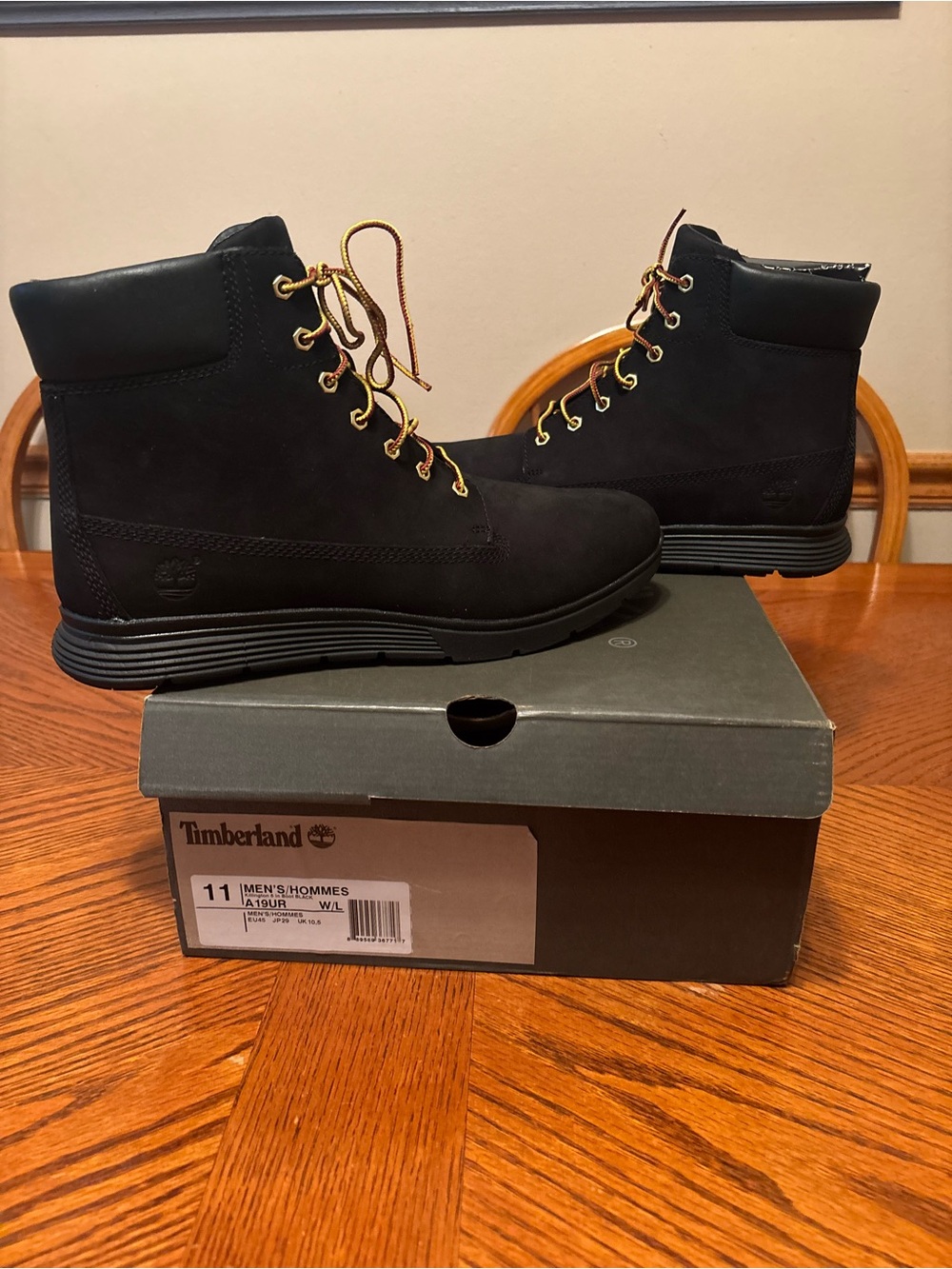Timberland Men's Black Lace-Up Waterproof Work Boots with Gold Eyelets